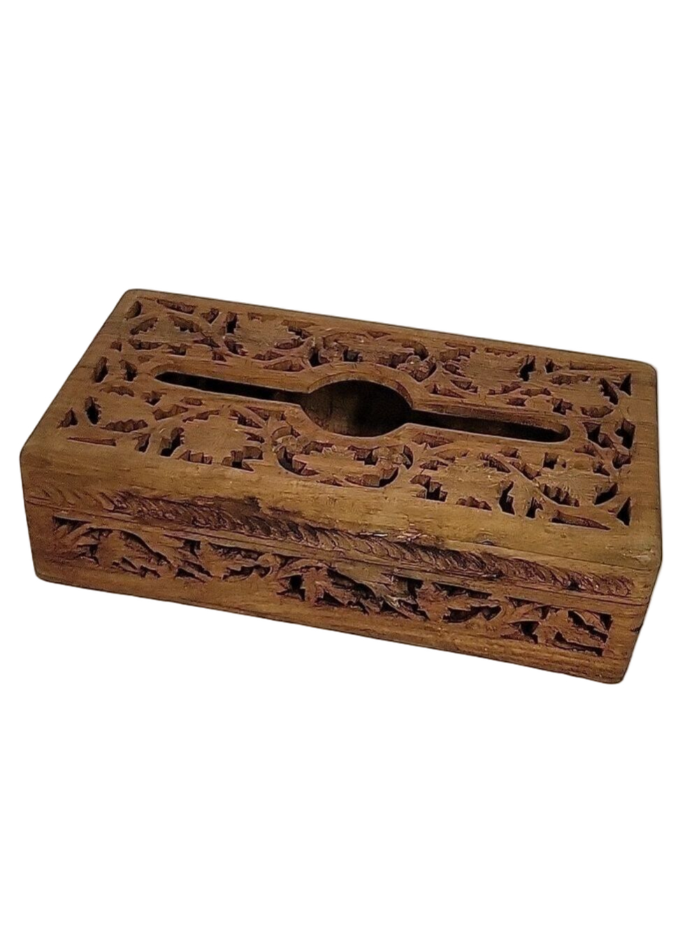 Vintage Mid-Century Carved Wooden Hinged Tissue Box Holder